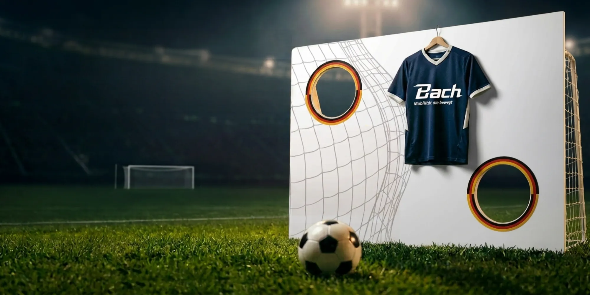 Torwand mit Fußball und Trikot im Stadion
